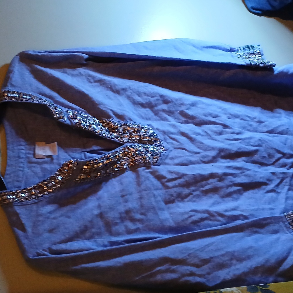 Chico's Linen Embellished Tunic Dress Size 1 Denim Blue - Picture 3 of 9